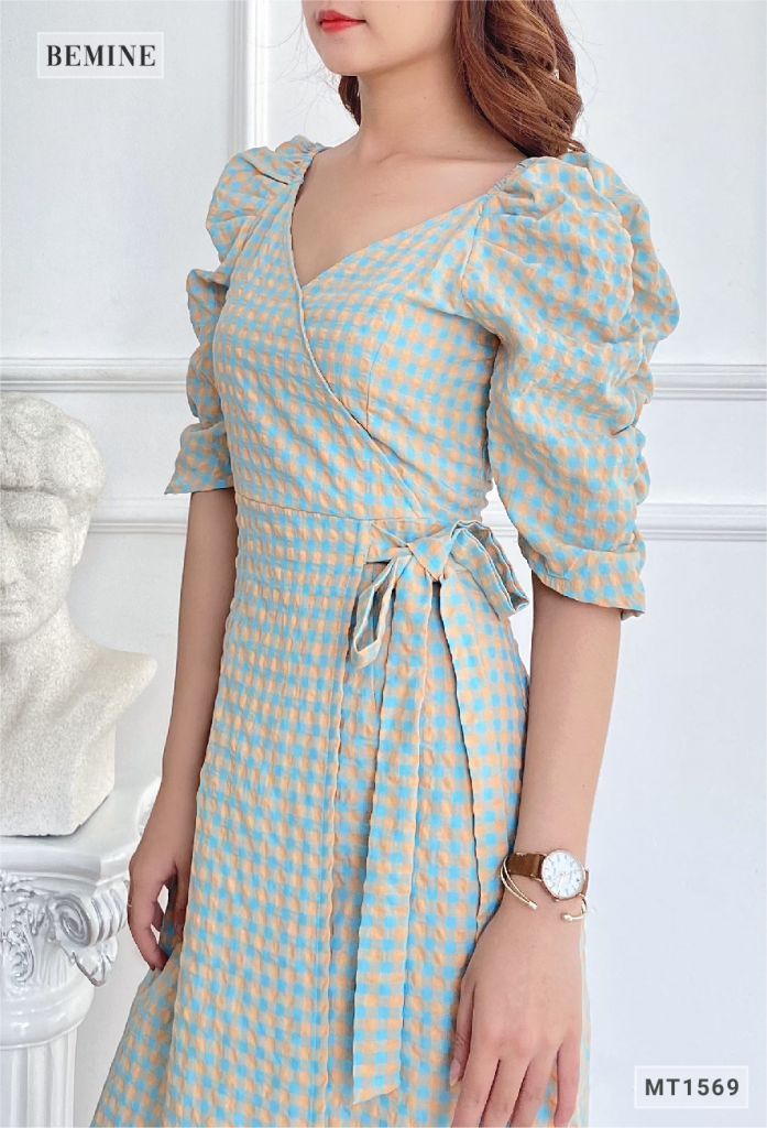MT1569XANH - Đầm caro von dây eo
