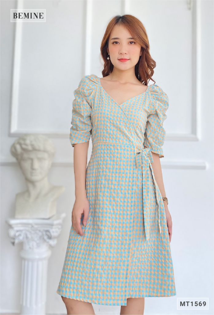 MT1569XANH - Đầm caro von dây eo