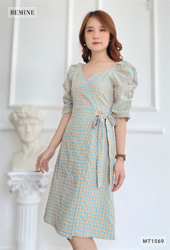 MT1569XANH - Đầm caro von dây eo
