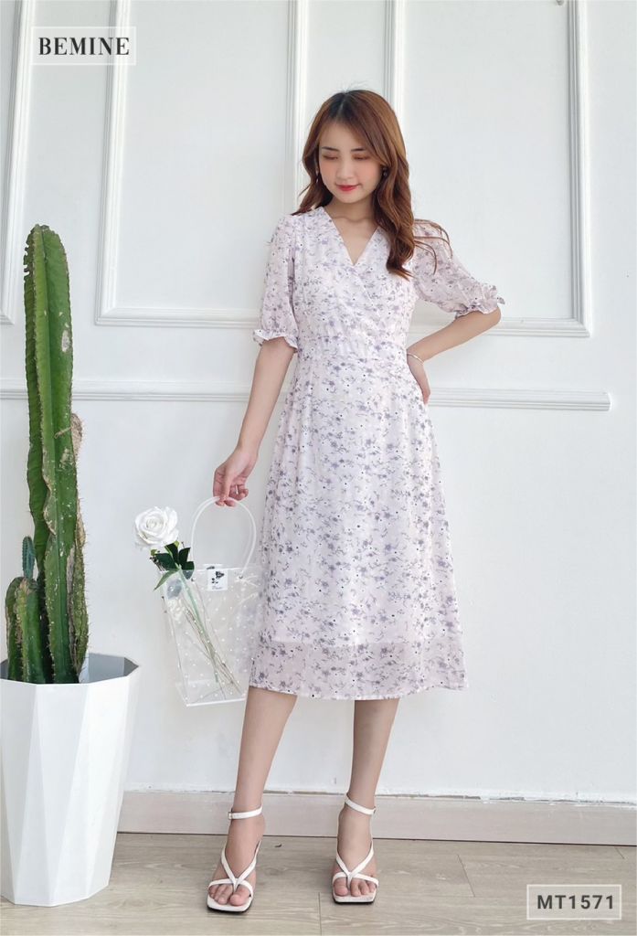 MT1571TIM - Đầm hoa nhí cổ đắp chéo