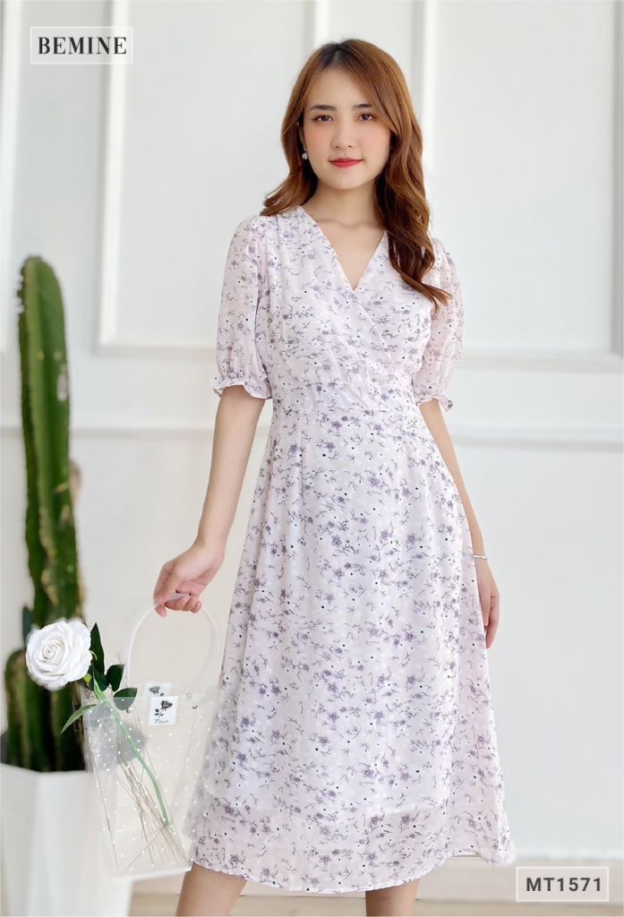 MT1571TIM - Đầm hoa nhí cổ đắp chéo
