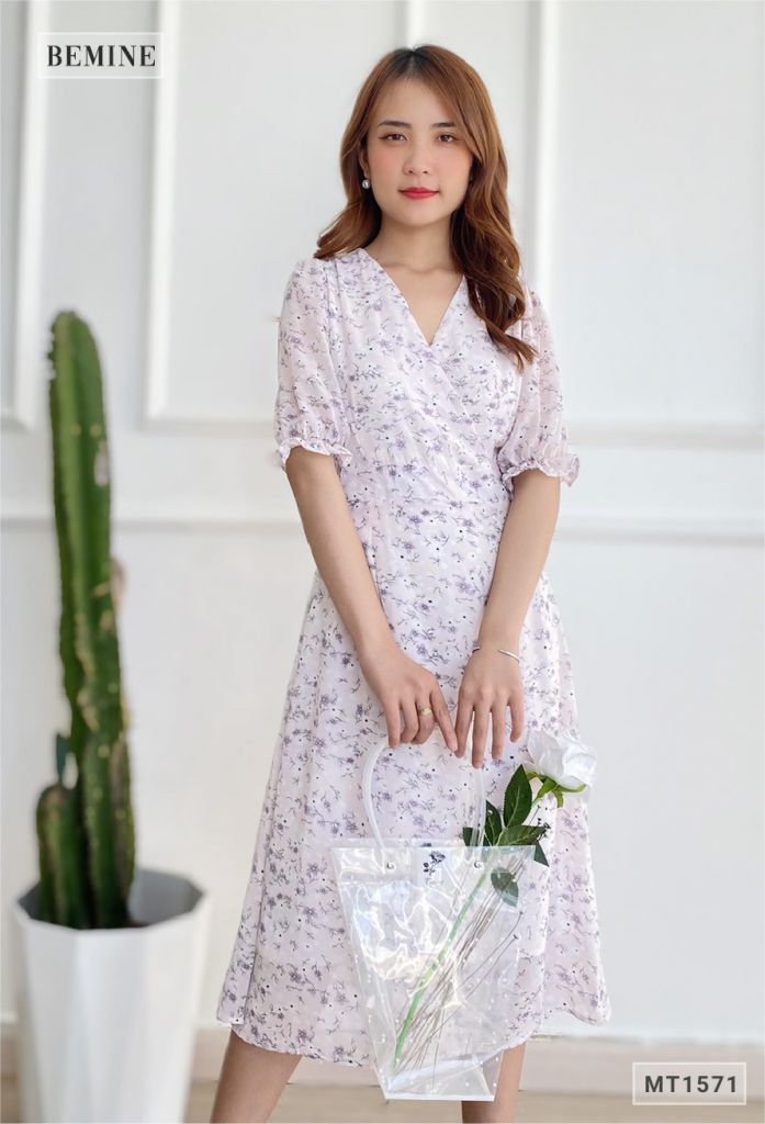 MT1571TIM - Đầm hoa nhí cổ đắp chéo