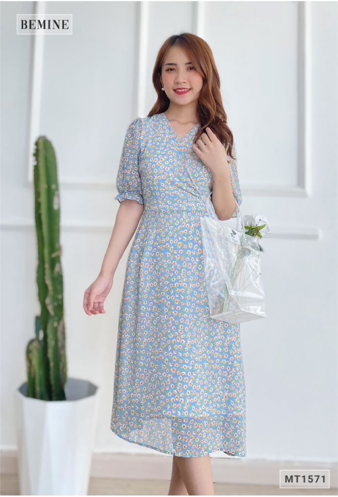 MT1571XANH - Đầm hoa nhí cổ đắp chéo