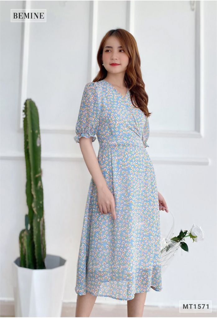 MT1571XANH - Đầm hoa nhí cổ đắp chéo