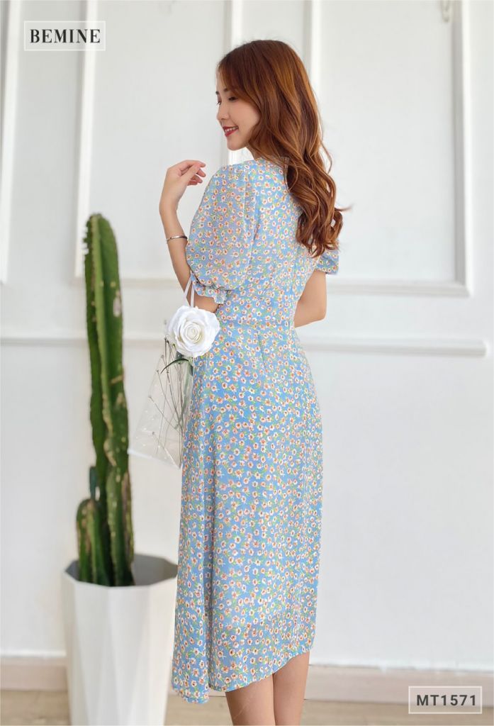MT1571XANH - Đầm hoa nhí cổ đắp chéo