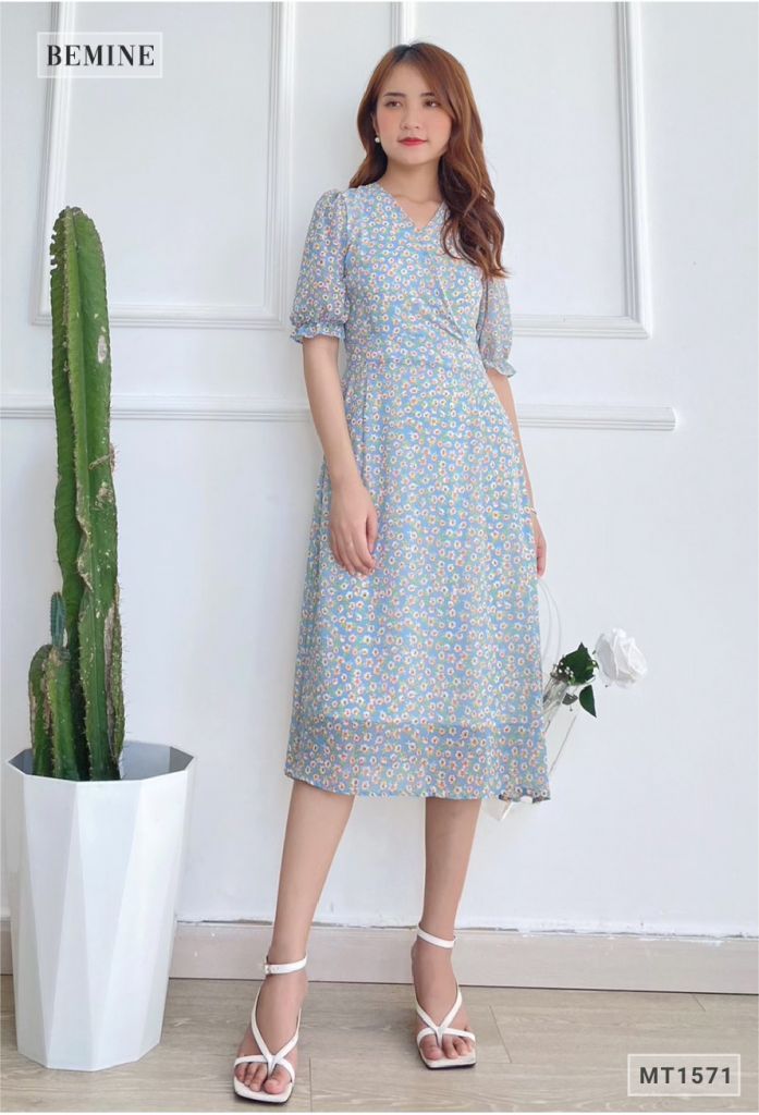 MT1571XANH - Đầm hoa nhí cổ đắp chéo
