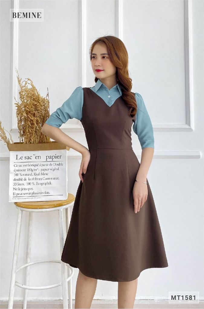 MT1581NAU - Đầm sơmi phối cổ tay xanh