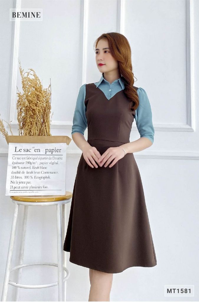 MT1581NAU - Đầm sơmi phối cổ tay xanh