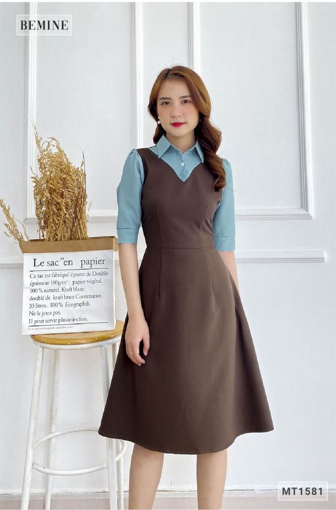 MT1581NAU - Đầm sơmi phối cổ tay xanh