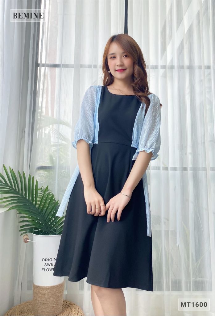 MT1600DEN - Đầm phối tay sọc cột nơ hông