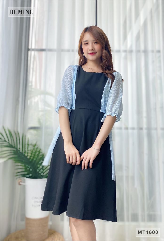 MT1600DEN - Đầm phối tay sọc cột nơ hông