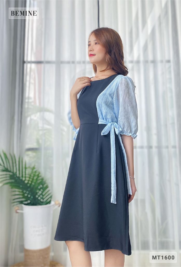 MT1600DEN - Đầm phối tay sọc cột nơ hông