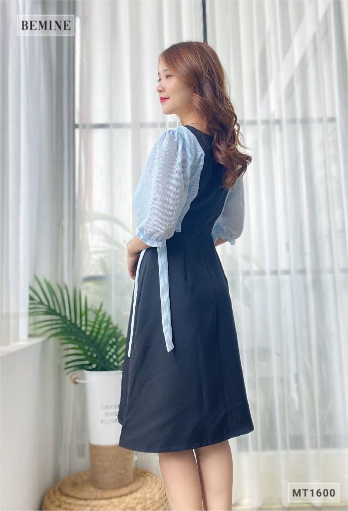 MT1600DEN - Đầm phối tay sọc cột nơ hông