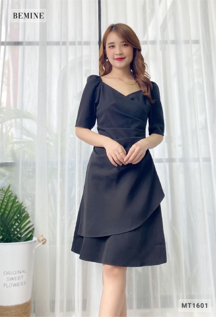 MT1601DEN - Đầm chun vai xếp li thân