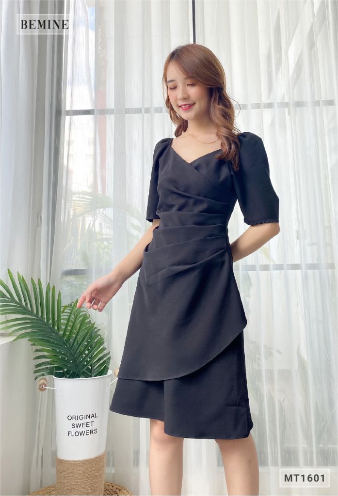 MT1601DEN - Đầm chun vai xếp li thân