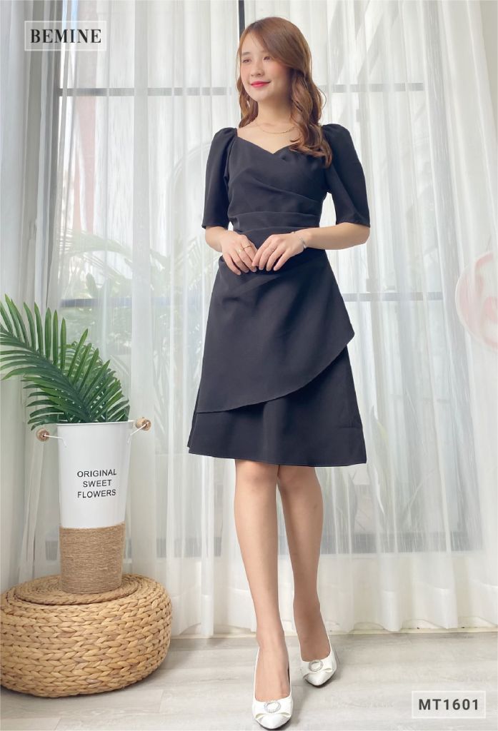 MT1601DEN - Đầm chun vai xếp li thân
