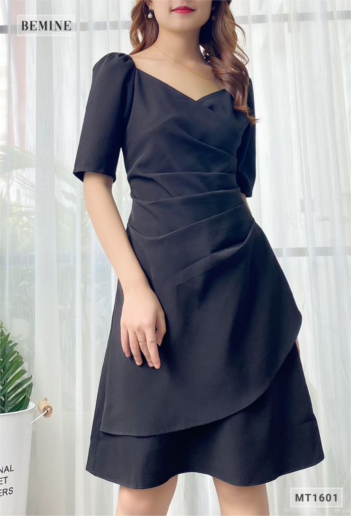 MT1601DEN - Đầm chun vai xếp li thân