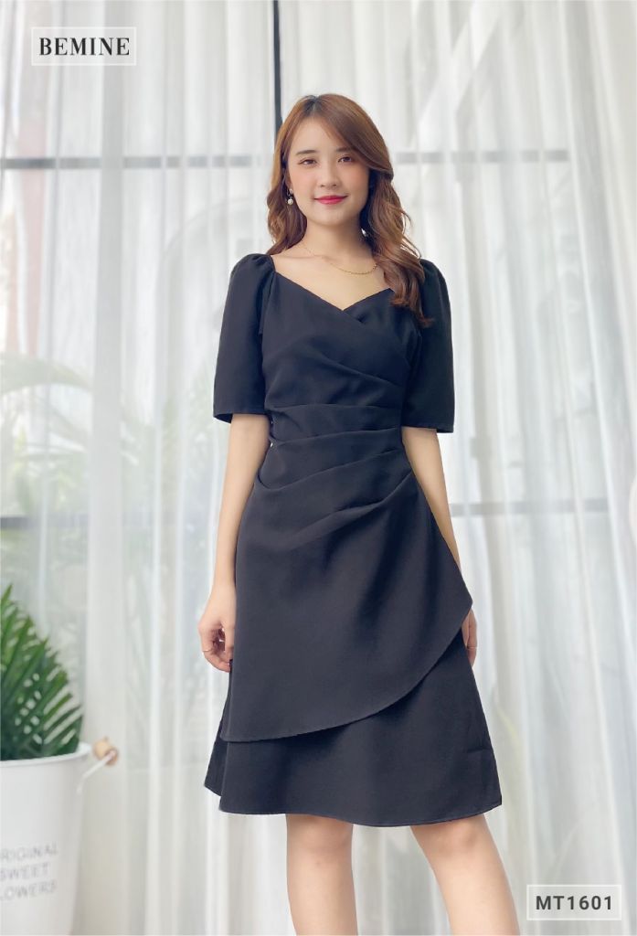 MT1601DEN - Đầm chun vai xếp li thân
