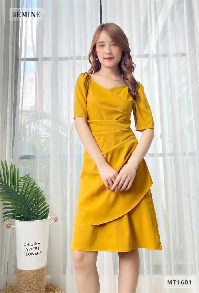MT1601VANG - Đầm chun eo xếp li thân