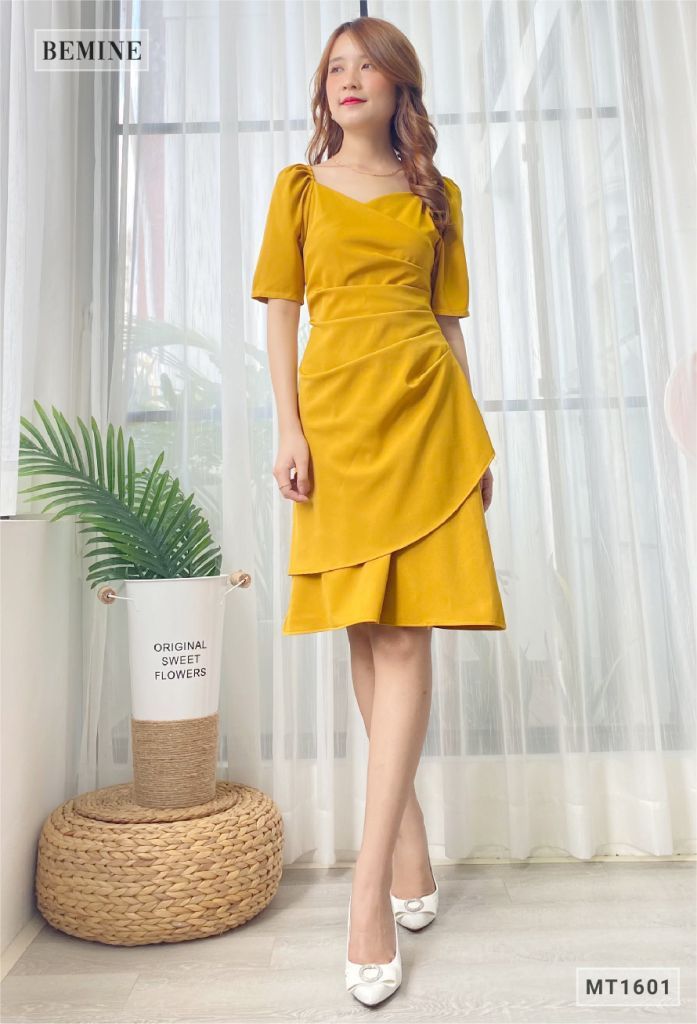 MT1601VANG - Đầm chun eo xếp li thân