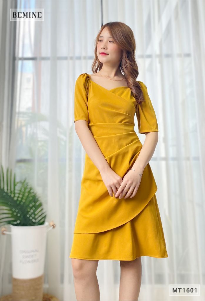 MT1601VANG - Đầm chun eo xếp li thân