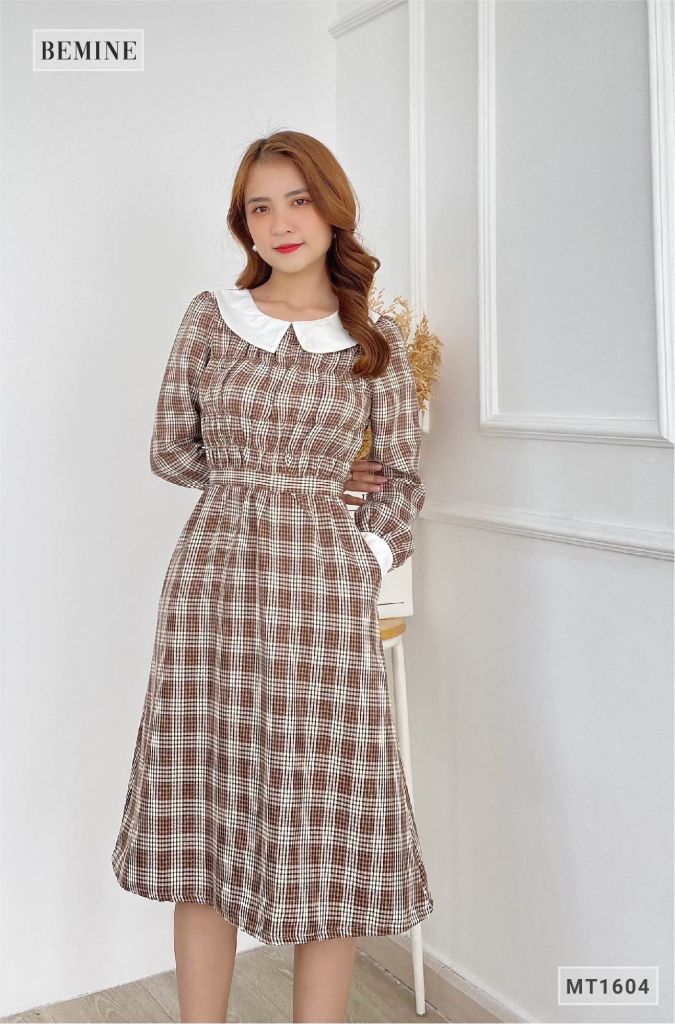 MT1604NAU - Đầm nhún ngực cổ phối tay dài