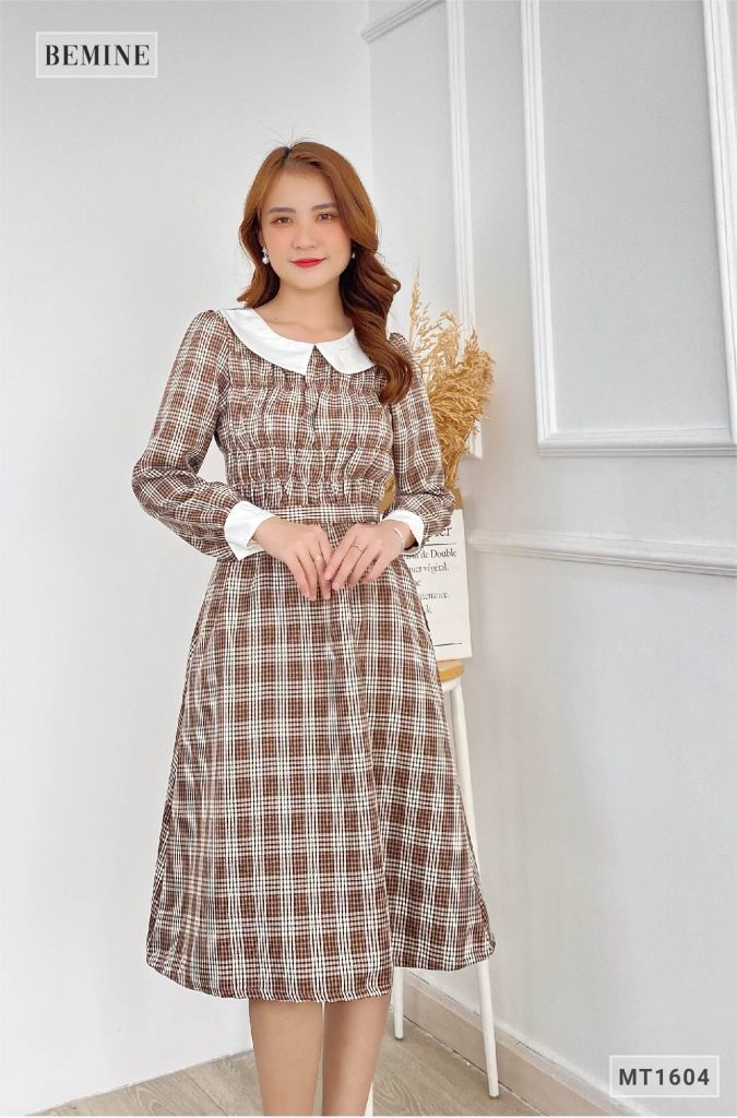 MT1604NAU - Đầm nhún ngực cổ phối tay dài