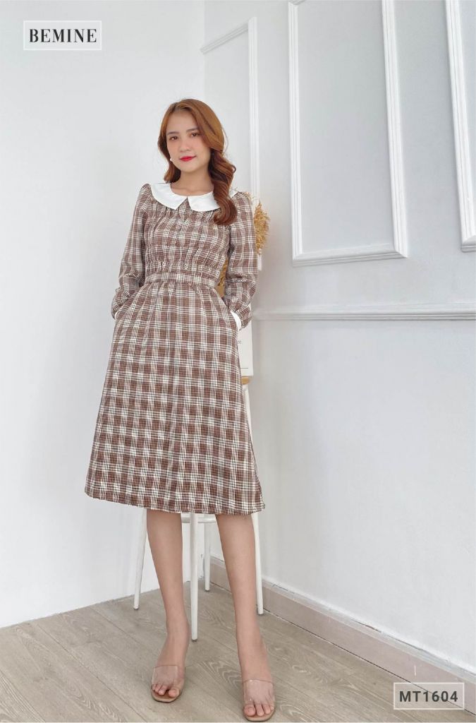 MT1604NAU - Đầm nhún ngực cổ phối tay dài