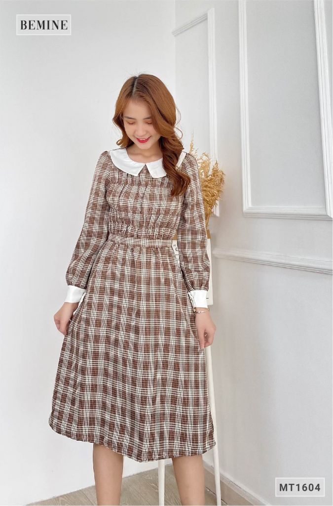 MT1604NAU - Đầm nhún ngực cổ phối tay dài