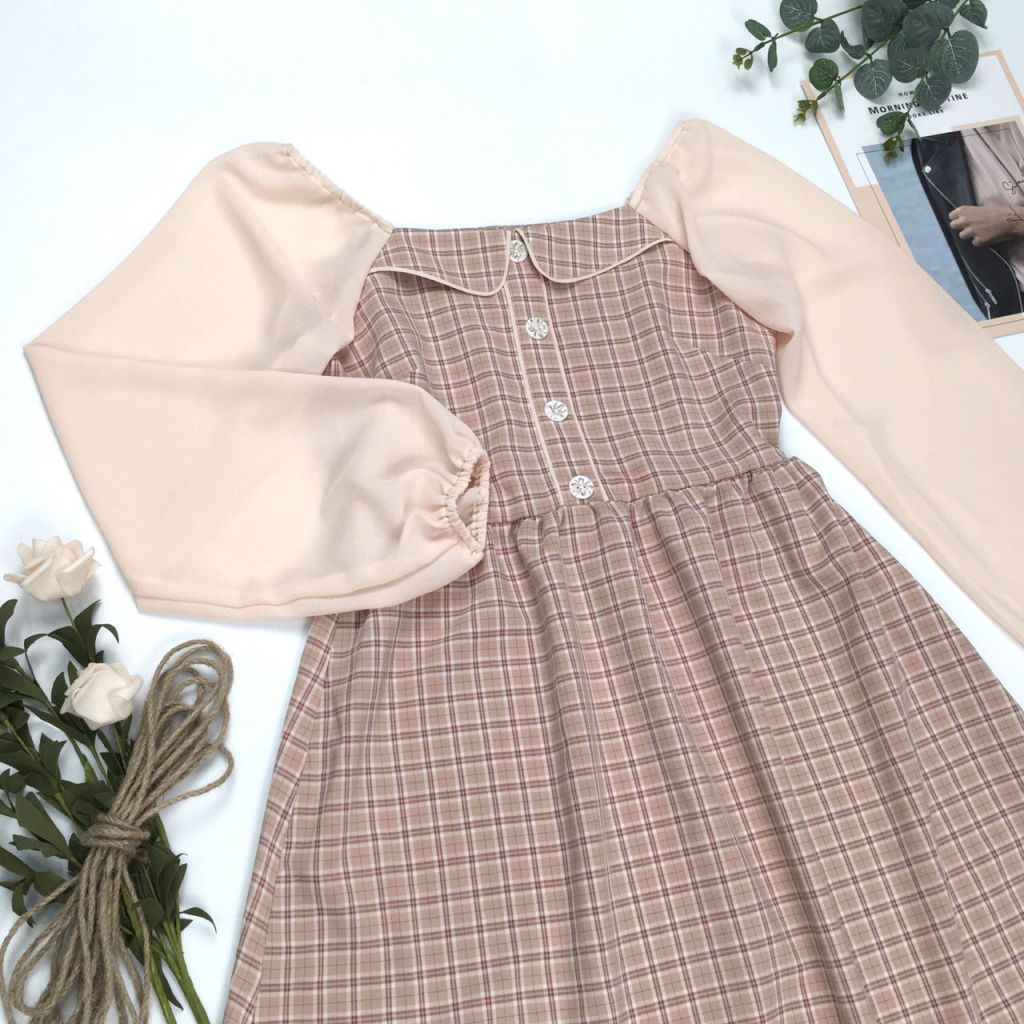 MT1606HONG - Đầm xòe cổ vuông tay phối