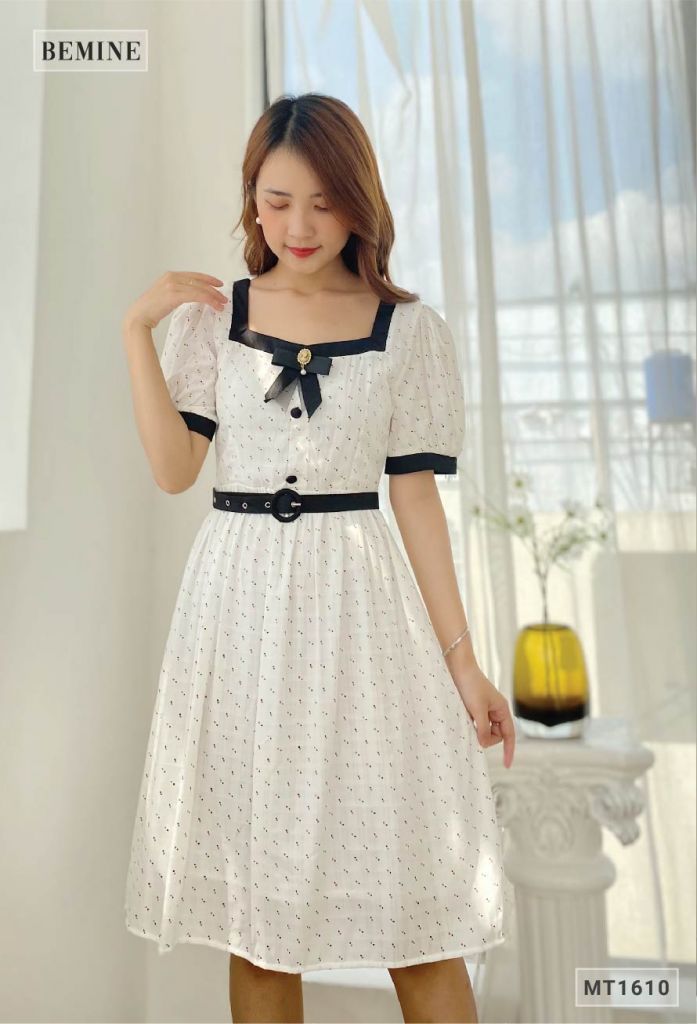 MT1610TRANG - Đầm chấm bi cổ vuông phối