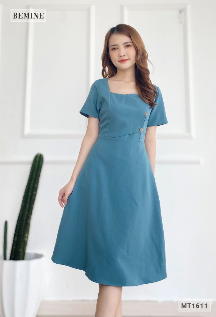 MT1611XANH - Đầm đắp ngực đính nút gỗ