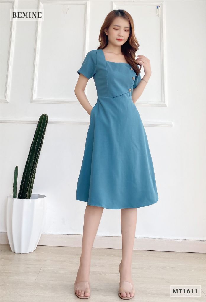 MT1611XANH - Đầm đắp ngực đính nút gỗ