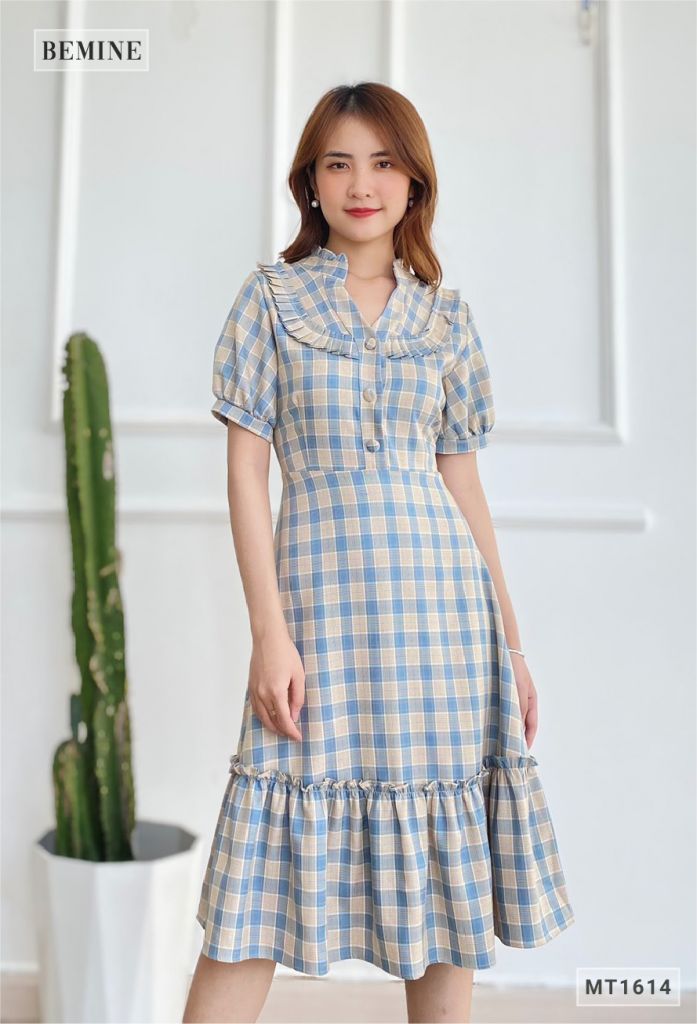 MT1614XANH - Đầm caro đuôi cá bèo cổ