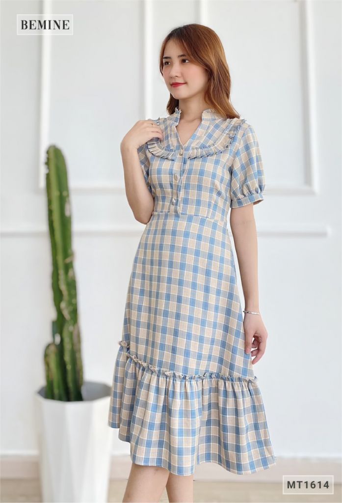 MT1614XANH - Đầm caro đuôi cá bèo cổ