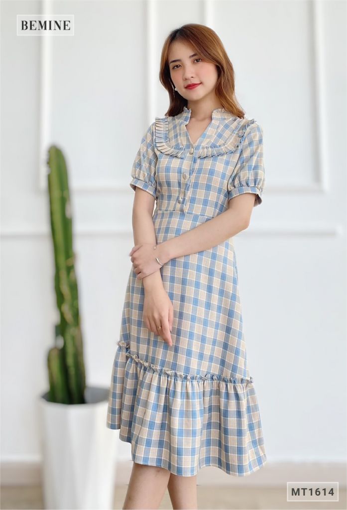 MT1614XANH - Đầm caro đuôi cá bèo cổ