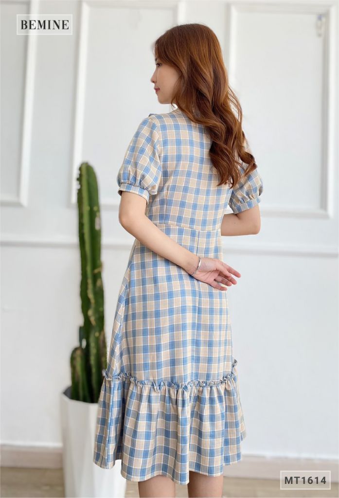 MT1614XANH - Đầm caro đuôi cá bèo cổ