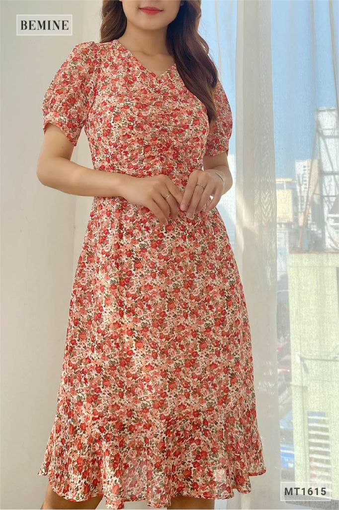 MT1615DO - Đầm đuôi cá nhún ngực thêu hoa