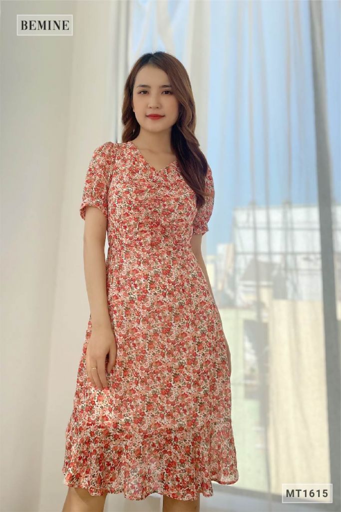 MT1615DO - Đầm đuôi cá nhún ngực thêu hoa