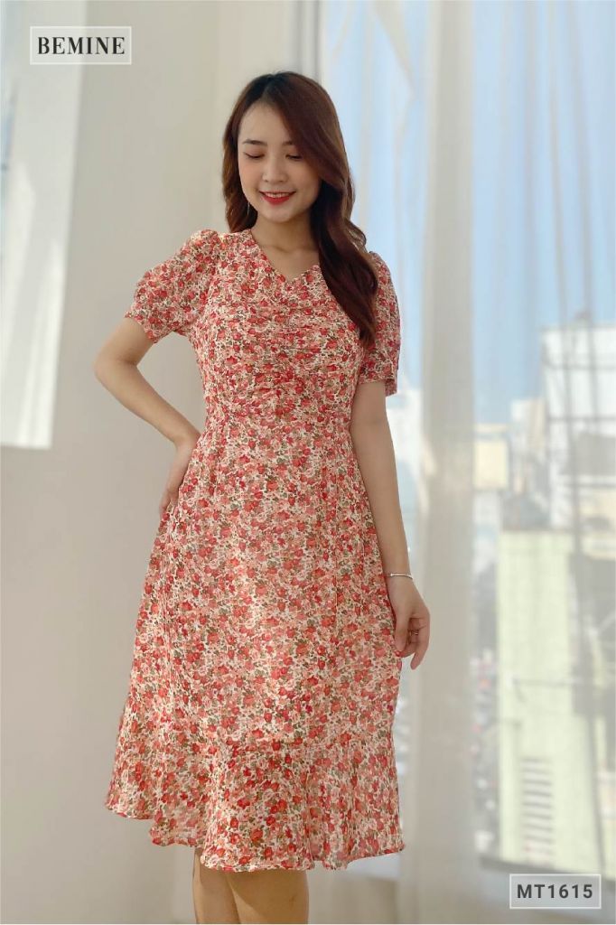 MT1615DO - Đầm đuôi cá nhún ngực thêu hoa