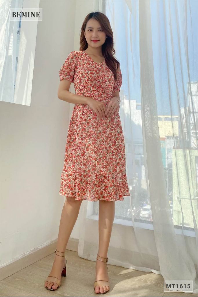 MT1615DO - Đầm đuôi cá nhún ngực thêu hoa