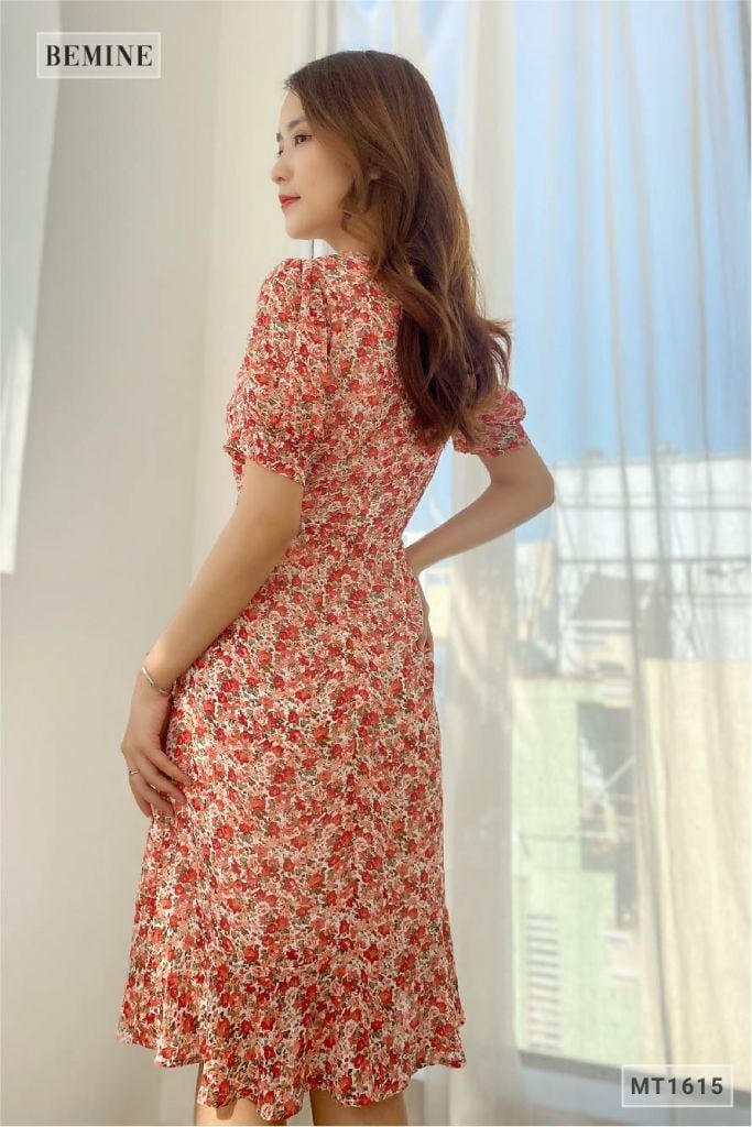 MT1615DO - Đầm đuôi cá nhún ngực thêu hoa