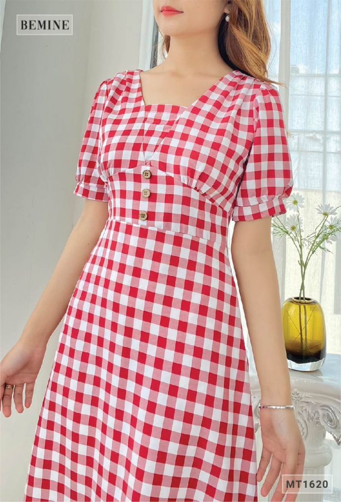 MT1620DO - Đầm caro suông cổ V