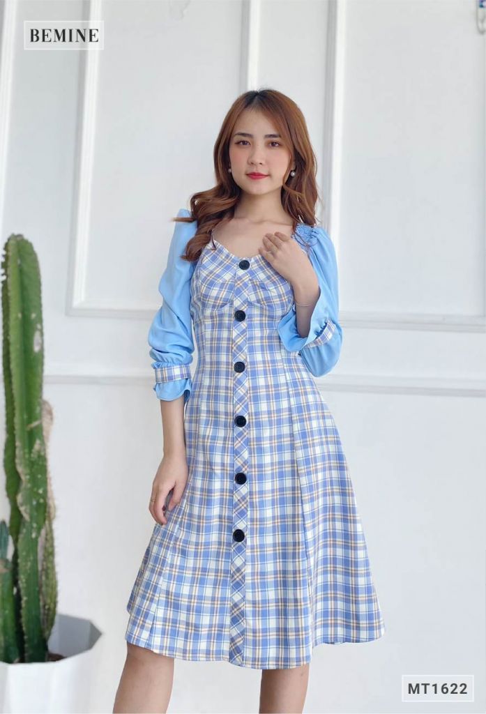 MT1622XANH - Đầm caro xanh tay phối nhún vai