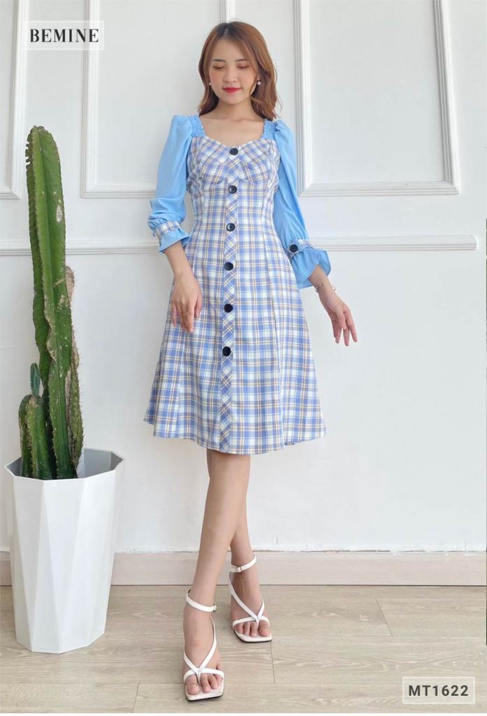 MT1622XANH - Đầm caro xanh tay phối nhún vai