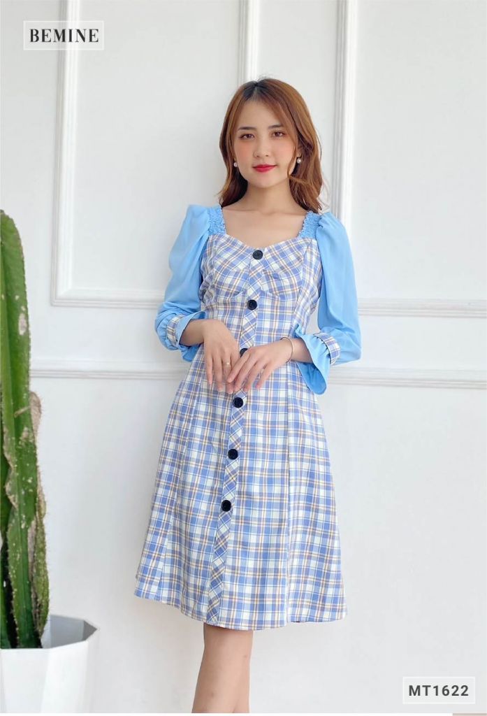 MT1622XANH - Đầm caro xanh tay phối nhún vai