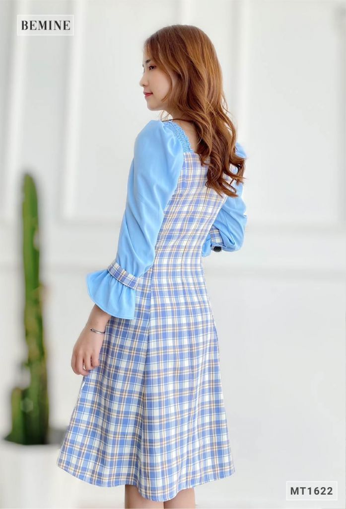 MT1622XANH - Đầm caro xanh tay phối nhún vai