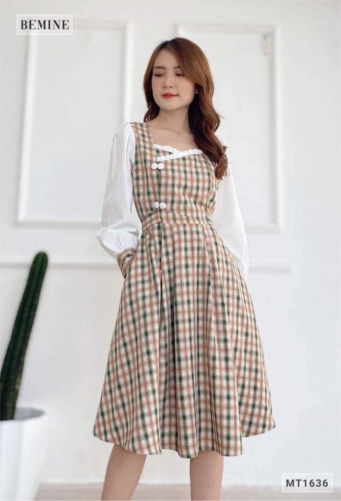 MT1636XANH - Đầm caro cột eo phối tay