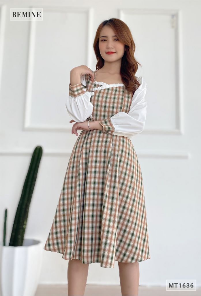 MT1636XANH - Đầm caro cột eo phối tay