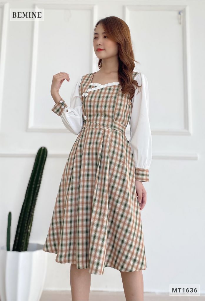MT1636XANH - Đầm caro cột eo phối tay